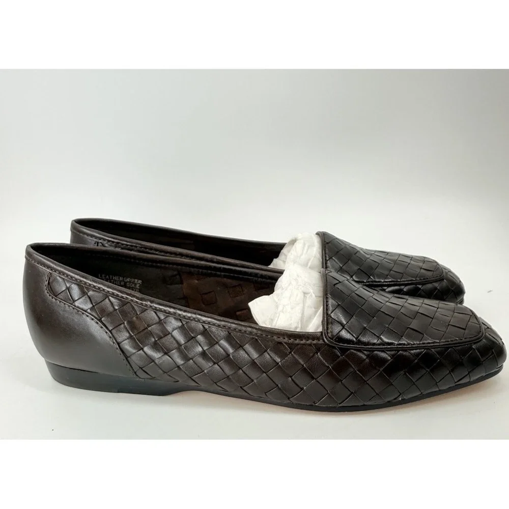 Enzo Angiolini Women's Brown Woven Leather Square Toe Slip-On Loafers 7.5M